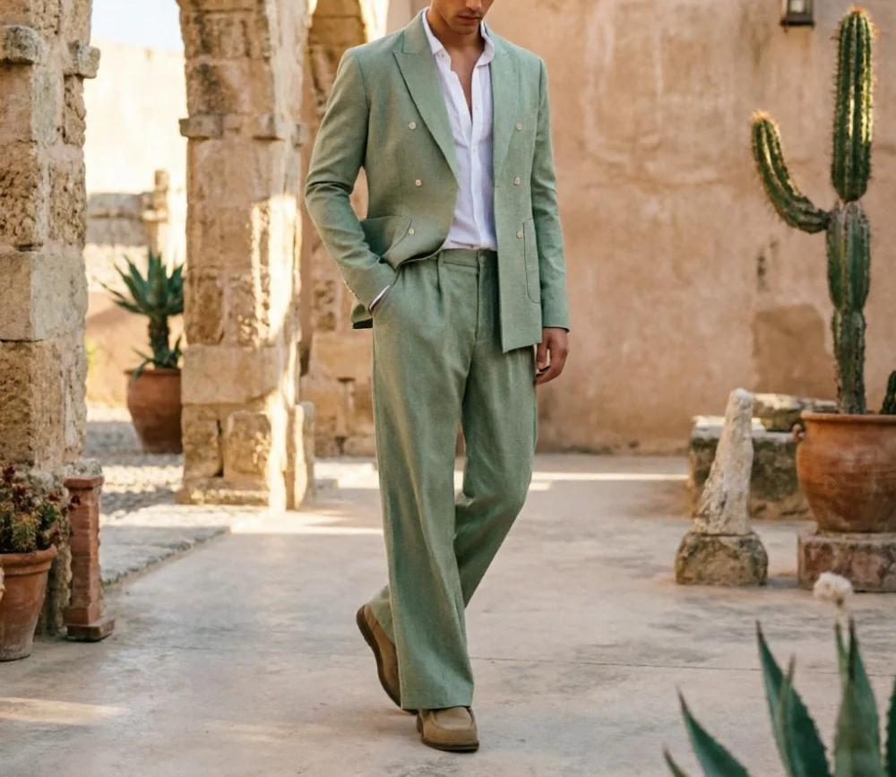 Men'S Relaxed Formal Wear - Sage Green Linen Men Suits Relaxed