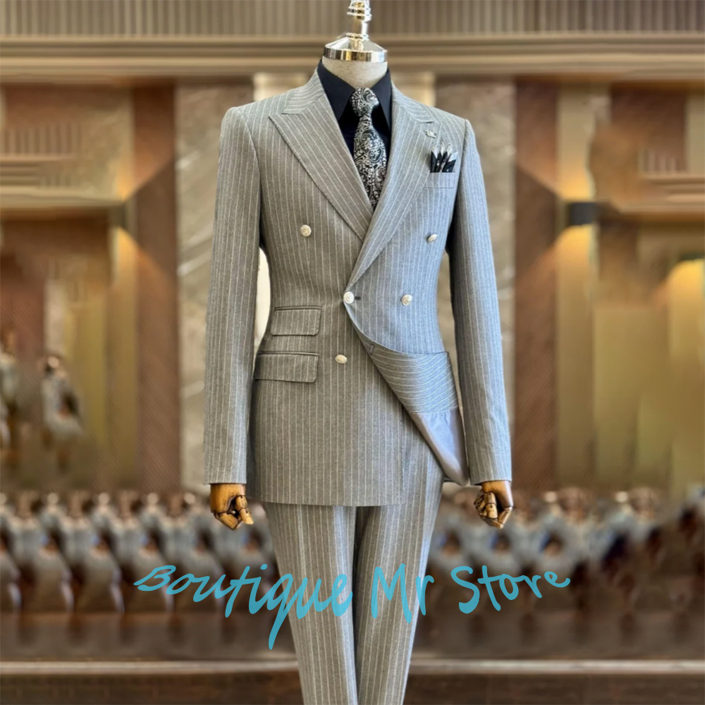 Men Formal Wear Look - Light Gray Striped Woolen Men's Suits