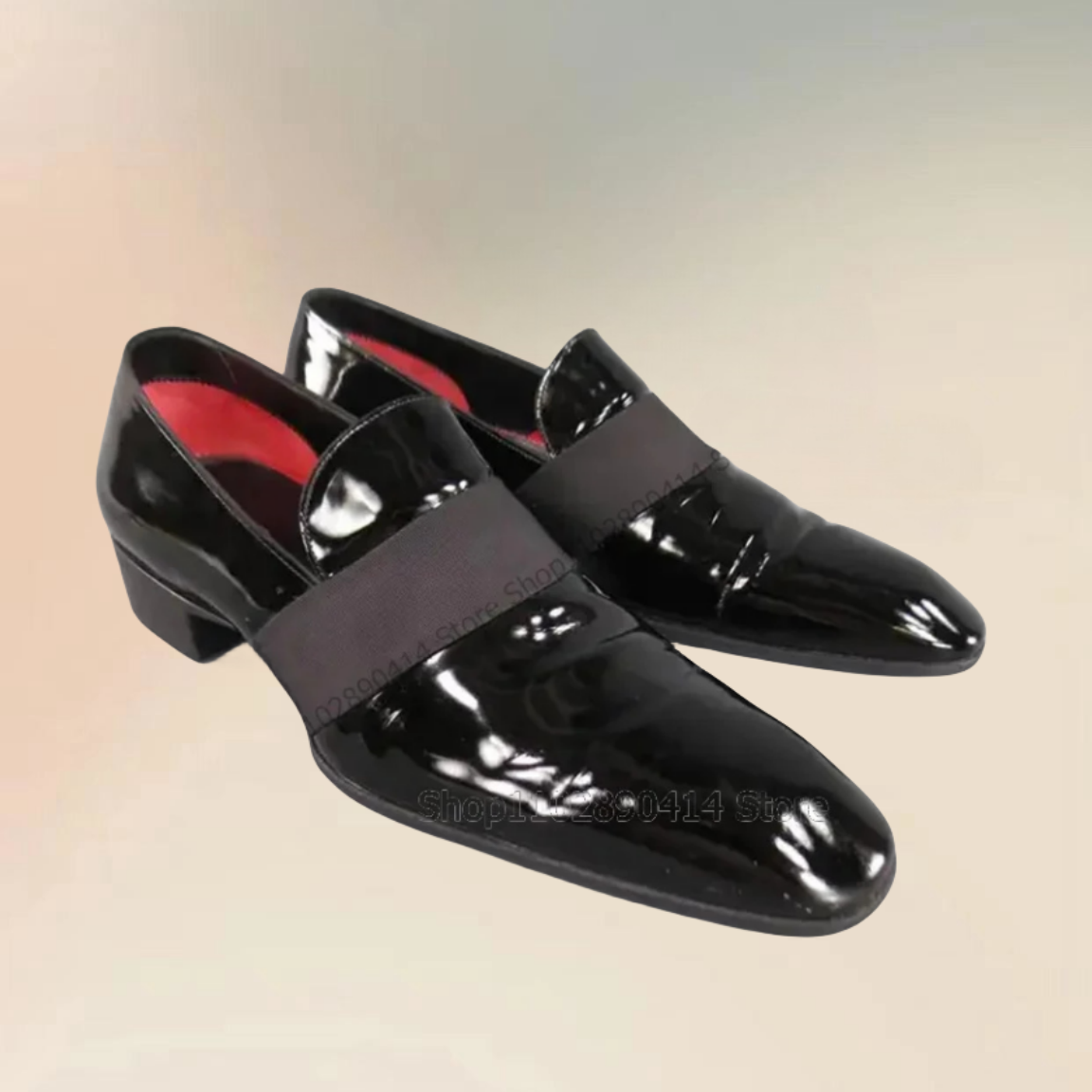 Men Formal Wear Shoes - Black Patent Leather Riband Decor Square